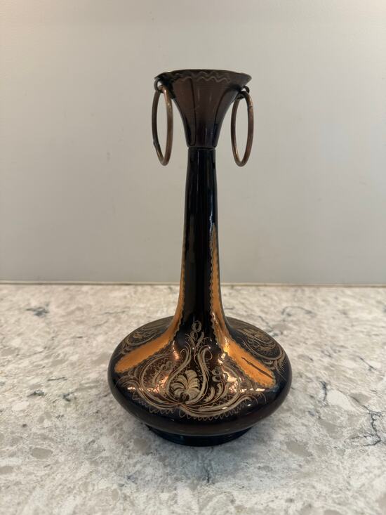 Vintage Other - Vintage Turkish Hand Etched Copper Decorative Vase w Ring Handles JL